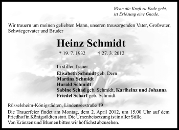Traueranzeige von Heinz Schmidt von Rüsselsheimer Echo, Groß-Gerauer-Echo, Ried Echo