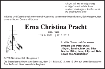Traueranzeige von Erna Christina Pracht von Odenwälder Echo