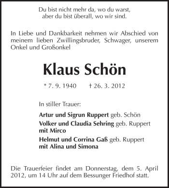 Traueranzeige von Klaus Schön von Darmstädter Echo, Odenwälder Echo, Rüsselsheimer Echo, Groß-Gerauer-Echo, Ried Echo