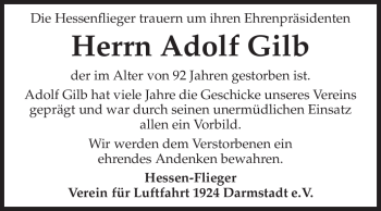 Traueranzeige von Adolf Gilb  von Echo-Zeitungen (Gesamtausgabe)