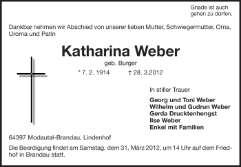 Traueranzeige von Katharina  Weber von Echo-Zeitungen (Gesamtausgabe)
