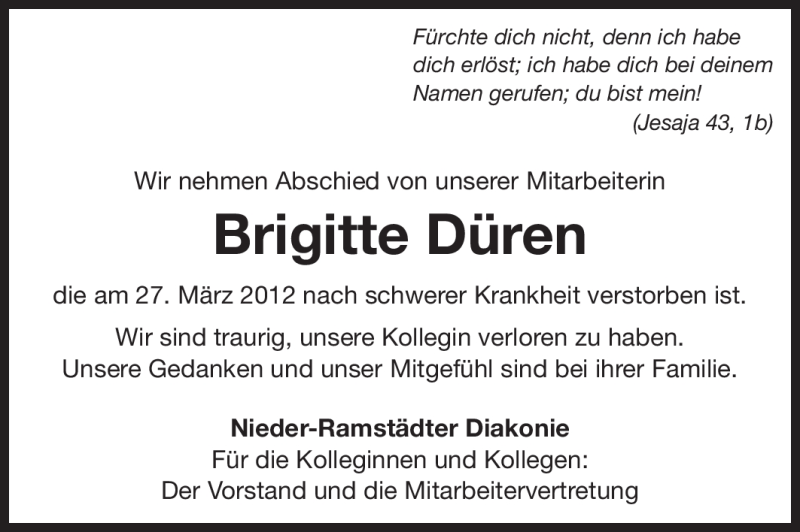  Traueranzeige für Brigitte Düren vom 31.03.2012 aus Echo-Zeitungen (Gesamtausgabe)