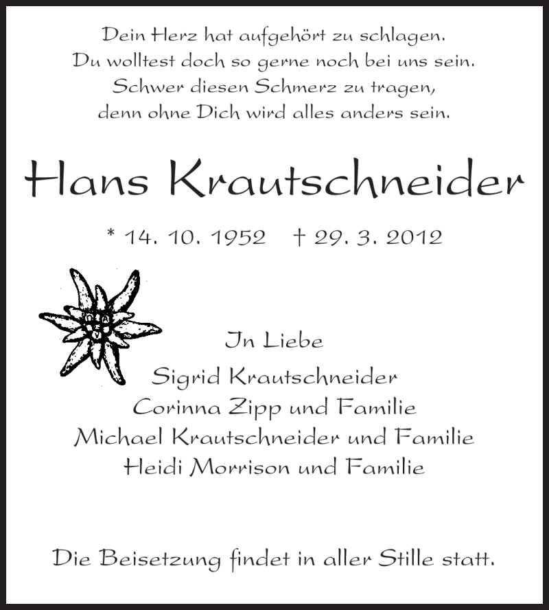  Traueranzeige für Hans Krautschneider vom 31.03.2012 aus Odenwälder Echo
