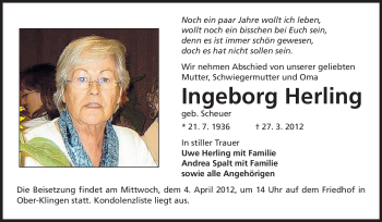 Traueranzeige von Ingeborg Herling von Darmstädter Echo, Odenwälder Echo, Rüsselsheimer Echo, Groß-Gerauer-Echo, Ried Echo