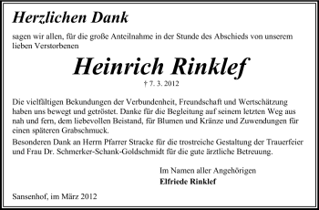 Traueranzeige von Heinrich Rinklef von Odenwälder Echo