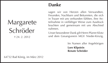 Traueranzeige von Margarete Schröder von Odenwälder Echo