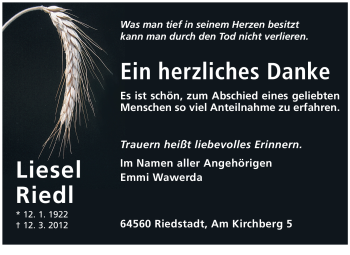 Traueranzeige von Liesel Riedl von Rüsselsheimer Echo, Groß-Gerauer-Echo, Ried Echo