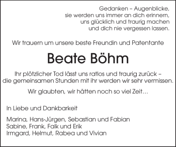 Traueranzeige von Beate Böhm von Echo-Zeitungen (Gesamtausgabe)