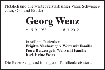 Traueranzeige von Georg Wenz von Echo-Zeitungen (Gesamtausgabe)