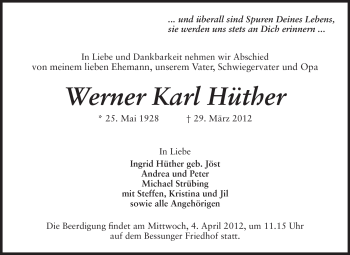 Traueranzeige von Werner Karl Hüther von Echo-Zeitungen (Gesamtausgabe)
