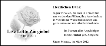 Traueranzeige von Lise Lotte Zörgiebel von Odenwälder Echo