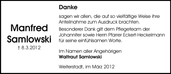 Traueranzeige von Manfred Samlowski von Echo-Zeitungen (Gesamtausgabe)