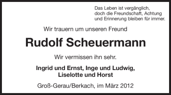 Traueranzeige von Rudolf Scheuermann von Rüsselsheimer Echo, Groß-Gerauer-Echo, Ried Echo