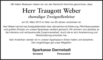 Traueranzeige von Traugott Ernst Weber von Echo-Zeitungen (Gesamtausgabe)