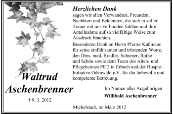 Traueranzeige von Waltrud Aschenbrenner von Odenwälder Echo