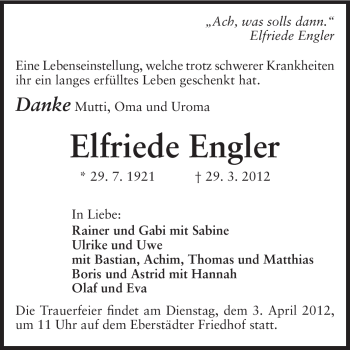 Traueranzeige von Elfriede Engler von Echo-Zeitungen (Gesamtausgabe)