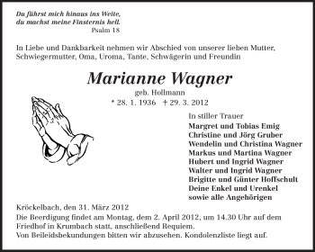 Traueranzeige von Marianne Wagner von Starkenburger Echo