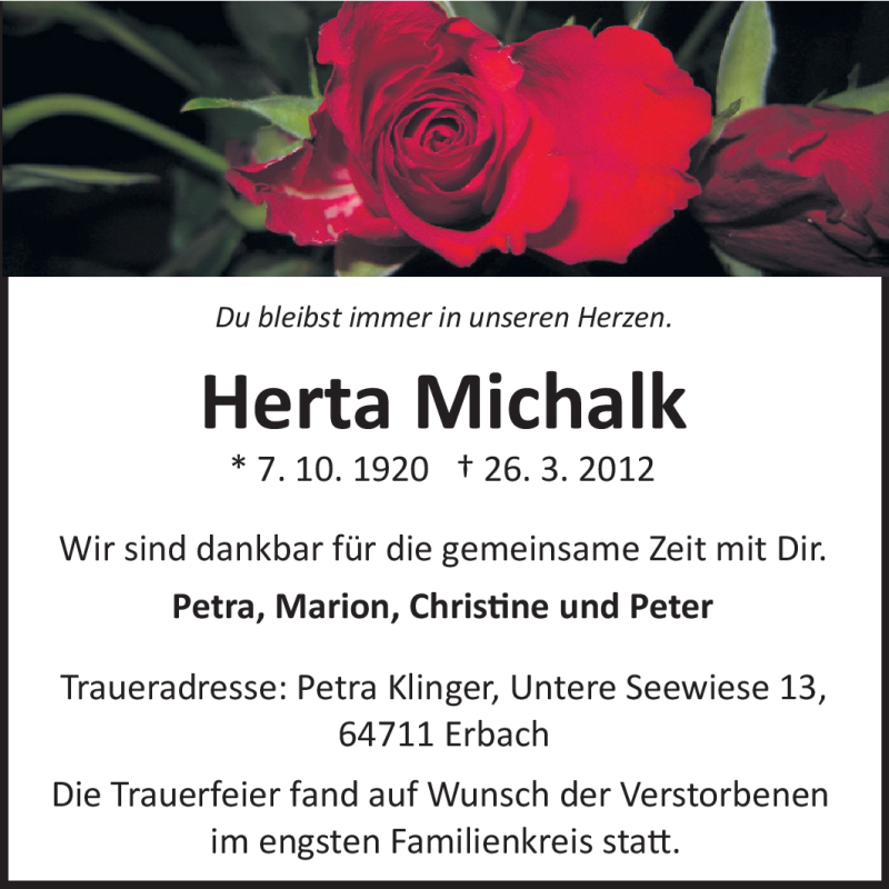  Traueranzeige für Hertha Michalk vom 31.03.2012 aus Odenwälder Echo