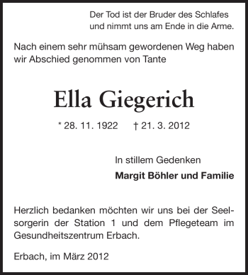 Traueranzeige von Ella Giegerich von Odenwälder Echo