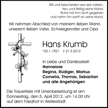 Traueranzeige von Hans Krumb von Echo-Zeitungen (Gesamtausgabe)