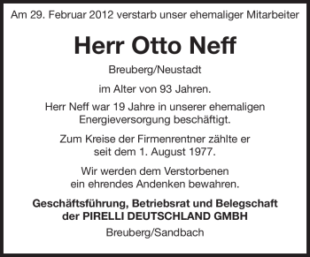 Traueranzeige von Otto Neff von Odenwälder Echo