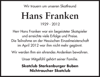 Traueranzeige von Hans Franken von Starkenburger Echo
