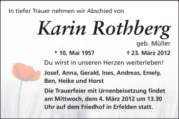 Traueranzeige von Karin Rothberg von Rüsselsheimer Echo, Groß-Gerauer-Echo, Ried Echo