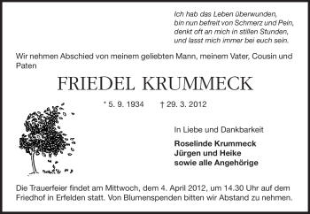 Traueranzeige von Friedel Krummeck von Rüsselsheimer Echo, Groß-Gerauer-Echo, Ried Echo