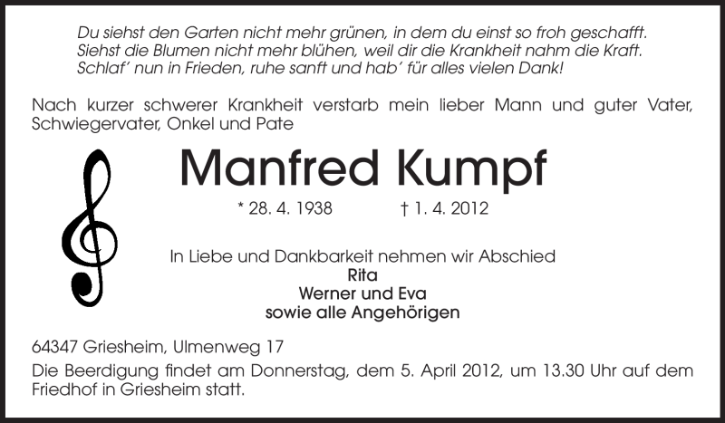  Traueranzeige für Manfred Kumpf vom 03.04.2012 aus Echo-Zeitungen (Gesamtausgabe)