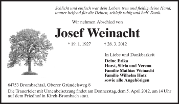 Traueranzeige von Josef Weinacht von Odenwälder Echo