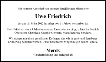 Traueranzeige von Walter Uwe Friedrich von Echo-Zeitungen (Gesamtausgabe)