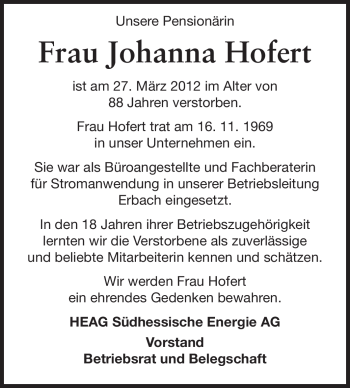 Traueranzeige von Johanna Hofert von Echo-Zeitungen (Gesamtausgabe)