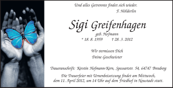 Traueranzeige von Sigi Greifenhagen von Odenwälder Echo