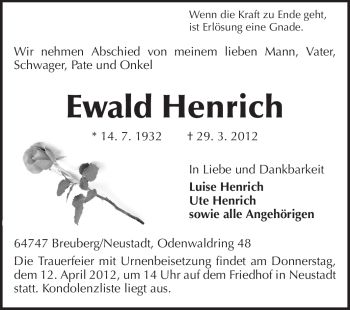 Traueranzeige von Ewald Henrich von Odenwälder Echo