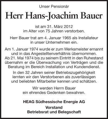 Traueranzeige von Hans-Joachim Bauer von Echo-Zeitungen (Gesamtausgabe)