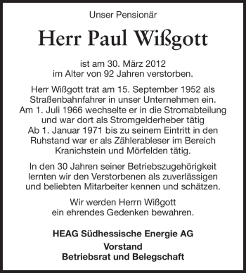 Traueranzeige von Paul Wißgott von Echo-Zeitungen (Gesamtausgabe)