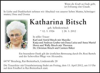 Traueranzeige von Katharina Bitsch von Odenwälder Echo
