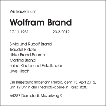 Traueranzeige von Wolfram Brand von Echo-Zeitungen (Gesamtausgabe)
