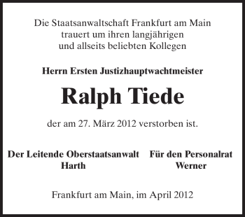 Traueranzeige von Ralph Tiede von Rüsselsheimer Echo, Groß-Gerauer-Echo, Ried Echo