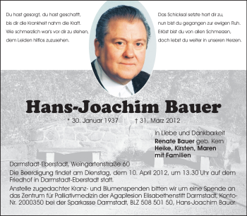 Traueranzeige von Hans-Joachim Bauer von Echo-Zeitungen (Gesamtausgabe)