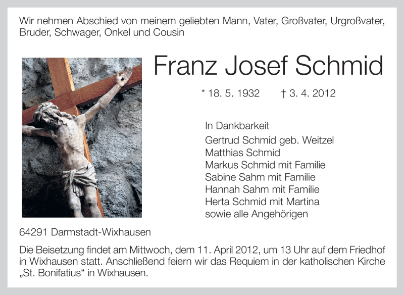  Traueranzeige für Franz Josef Schmid vom 07.04.2012 aus Echo-Zeitungen (Gesamtausgabe)