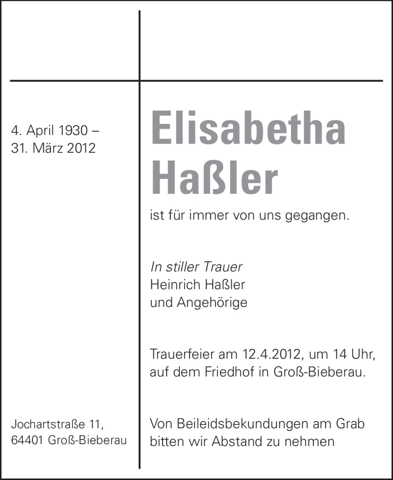  Traueranzeige für Elisabetha Haßler vom 10.04.2012 aus Echo-Zeitungen (Gesamtausgabe)