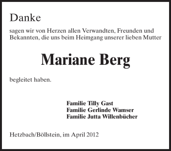 Traueranzeige von Mariane Berg von Odenwälder Echo