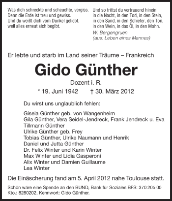 Traueranzeige von Gido Günther von Echo-Zeitungen (Gesamtausgabe)