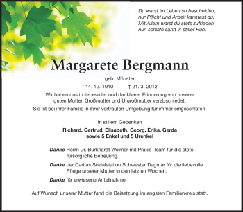 Traueranzeige von Margarete Bergmann von Darmstädter Echo, Odenwälder Echo, Rüsselsheimer Echo, Groß-Gerauer-Echo, Ried Echo
