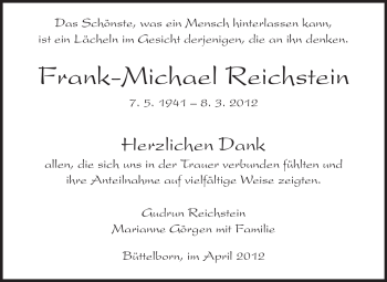 Traueranzeige von Frank-Michael Reichstein von Rüsselsheimer Echo, Groß-Gerauer-Echo, Ried Echo