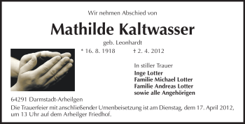 Traueranzeige von Mathilde Kaltwasser von Echo-Zeitungen (Gesamtausgabe)