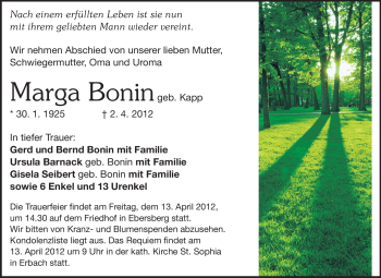 Traueranzeige von Marga Bonin von Odenwälder Echo