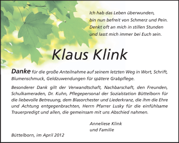 Traueranzeige von Klaus Klink von Rüsselsheimer Echo, Groß-Gerauer-Echo, Ried Echo