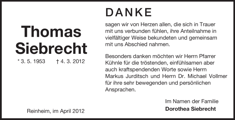  Traueranzeige für Thomas Siebrecht vom 07.04.2012 aus Echo-Zeitungen (Gesamtausgabe)